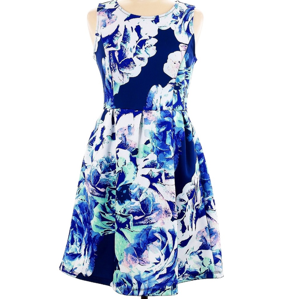 APT 9 Medium Silky Scuba floral printed fit & flare DRESS Blue floral combo